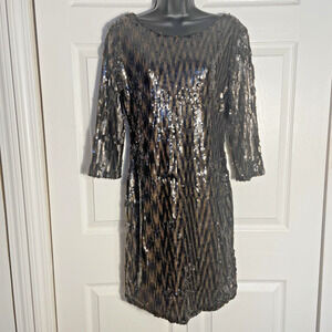 Alberto Makali‎ Sequin Dress Womens 10 Brown 3/4 Sleeve Scoop Back Cocktail Mini